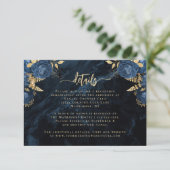 Navy Blue Floral Agate Gold Script Wedding Details Informatiekaartje (Staand voorkant)