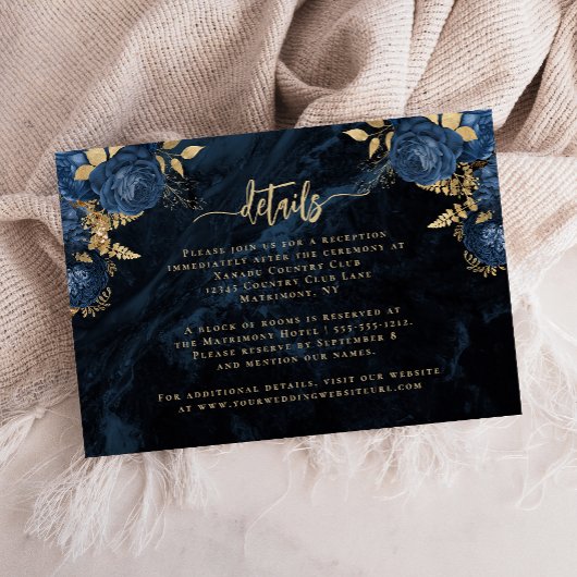 Navy Blue Floral Agate Gold Script Wedding Details Informatiekaartje