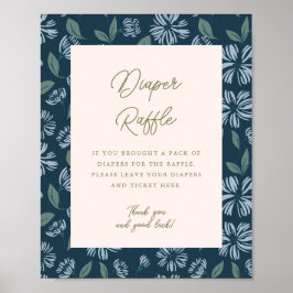 Navy Blue Floral Baby shower 8x10 Luier Raffle Poster