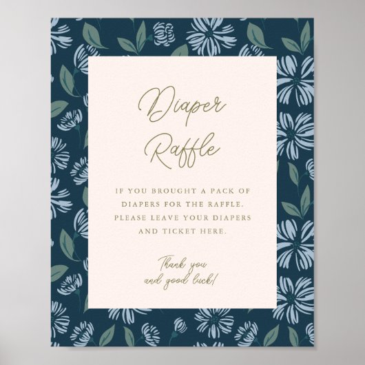 Navy Blue Floral Baby shower 8x10 Luier Raffle Poster (Voorkant)