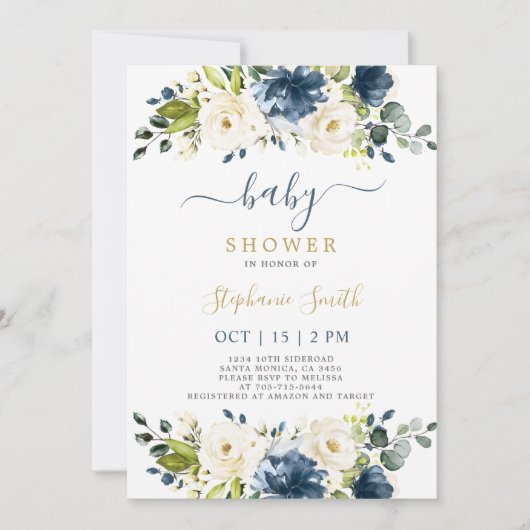 Navy Blue floral Baby shower Boy Invitation Kaart (Voorkant)