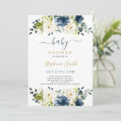 Navy Blue floral Baby shower Boy Invitation Kaart (Staand voorkant)