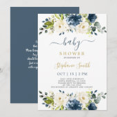 Navy Blue floral Baby shower Boy Invitation Kaart (Voorkant / Achterkant)