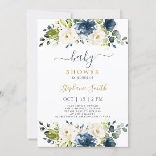Navy Blue floral Baby shower Boy Invitation Kaart
