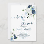 Navy Blue Floral Baby shower Boy Invitation Kaart (Voorkant)