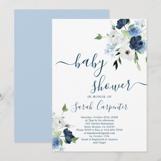 Navy Blue Floral Baby shower Boy Invitation Kaart (Voorkant / Achterkant)
