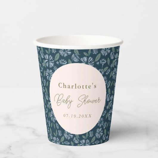 Navy Blue Floral Baby shower Custom Papieren Bekers (Voorkant)