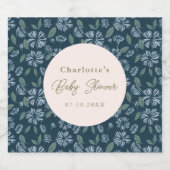 Navy Blue Floral Baby shower Custom Sparkling Wijnetiket (Enkel label)
