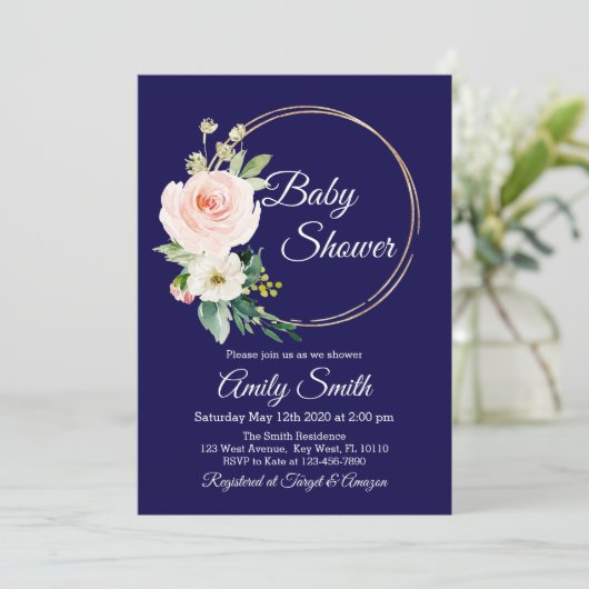 Navy Blue Floral Baby shower Invintation Kaart (Staand voorkant)
