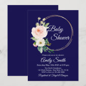 Navy Blue Floral Baby shower Invintation Kaart (Voorkant / Achterkant)