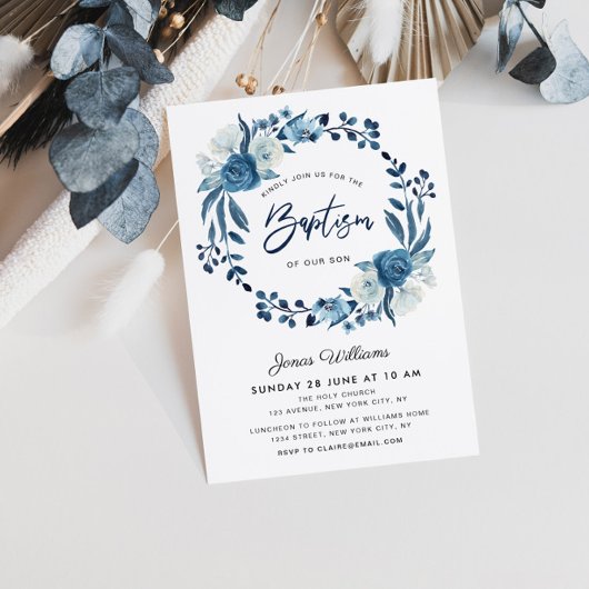 Navy blue floral Baptism-uitnodiging Kaart