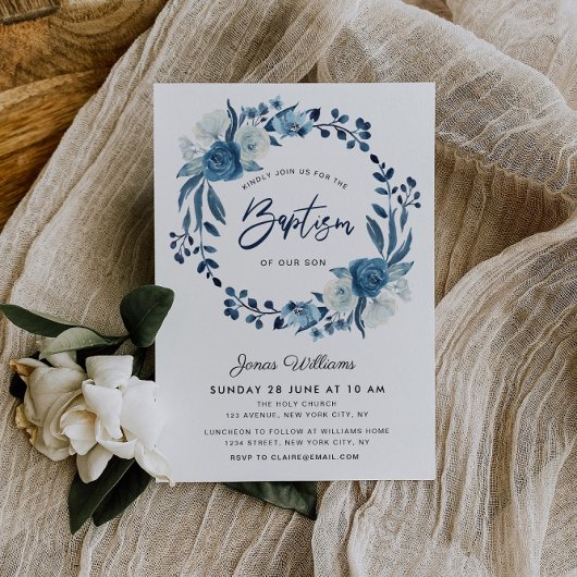 Navy blue floral Baptism-uitnodiging Kaart