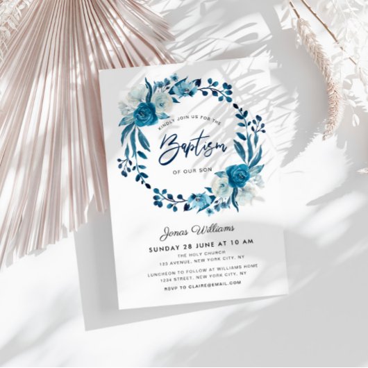 Navy blue floral Baptism-uitnodiging Kaart
