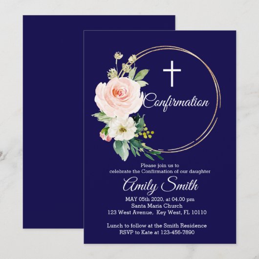 Navy Blue Floral bevestiging uitnodiging (Voorkant / Achterkant)