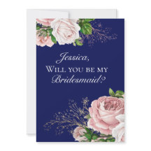 Navy Blue Floral Blush Rozen Bridesmaid Invitation