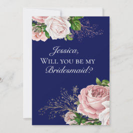 Navy Blue Floral Blush Rozen Bridesmaid Invitation Kaart
