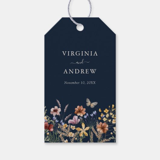Navy Blue Floral Boho Wedding Gift Labels Cadeaulabel (Voorkant)