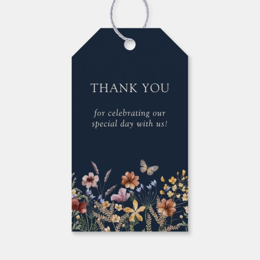 Navy Blue Floral Boho Wedding Gift Labels Cadeaulabel (Achterkant)