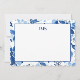 Navy Blue Floral Border Monogram Briefpapier Notitiekaartje