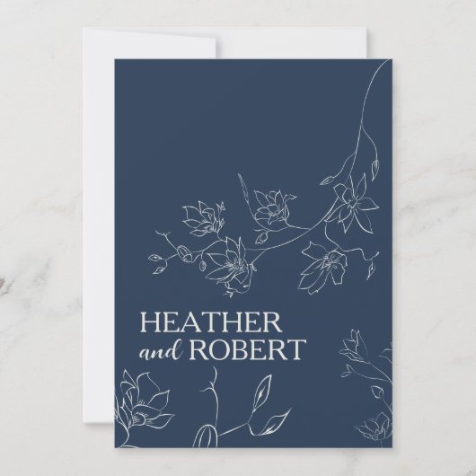 Navy Blue Floral Botanical Boho Simple Wedding Kaart (Voorkant)