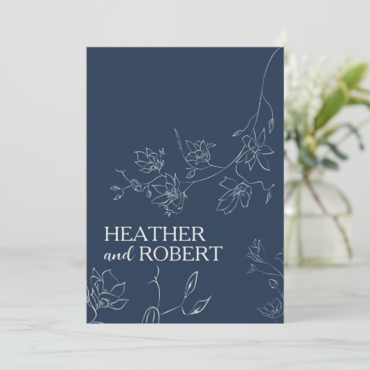 Navy Blue Floral Botanical Boho Simple Wedding Kaart (Staand voorkant)