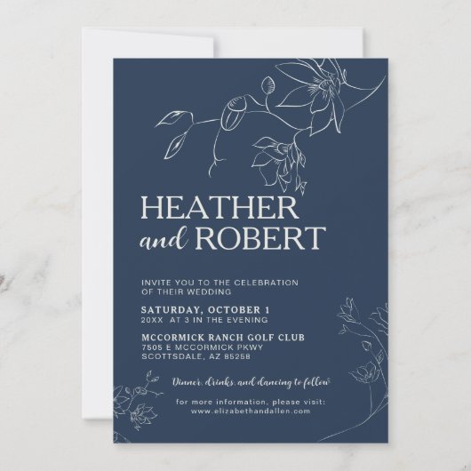 Navy Blue Floral Botanical Boho Simple Wedding Kaart (Achterkant)