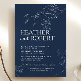 Navy Blue Floral Botanical Boho Simple Wedding Kaart