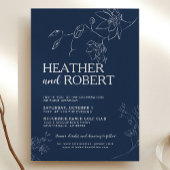 Navy Blue Floral Botanical Boho Simple Wedding Kaart