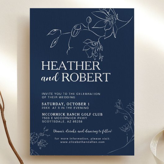 Navy Blue Floral Botanical Boho Simple Wedding Kaart