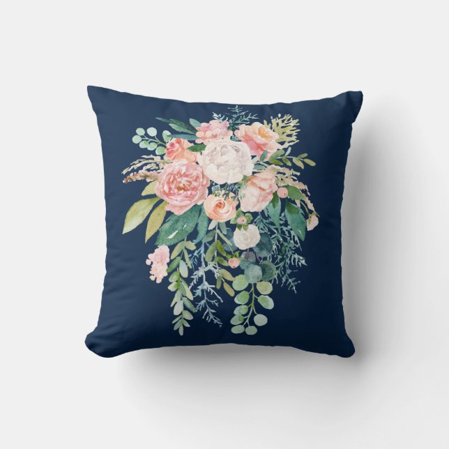 Navy Blue Floral Bouquet Pillow Kussen (Voorkant)