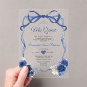 Navy Blue Floral Bow Frame Silver Crown Mis Quince Acryl Uitnodigingen (Insitu (Draagbaar))