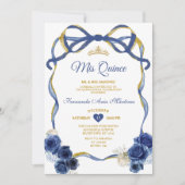 Navy Blue Floral Bow Lijst Gold Crown Mis Quince Kaart (Voorkant)