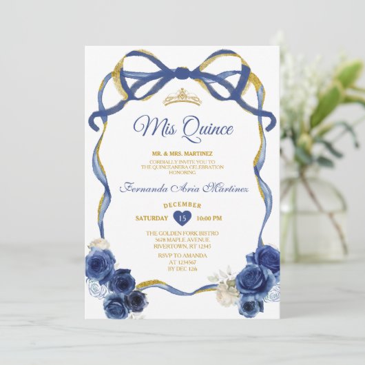 Navy Blue Floral Bow Lijst Gold Crown Mis Quince Kaart (Staand voorkant)