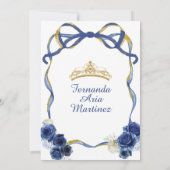 Navy Blue Floral Bow Lijst Gold Crown Mis Quince Kaart (Achterkant)
