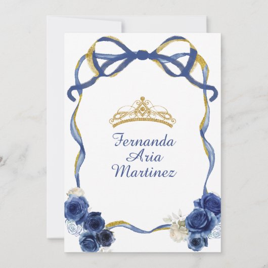 Navy Blue Floral Bow Lijst Gold Crown Mis Quince Kaart (Achterkant)