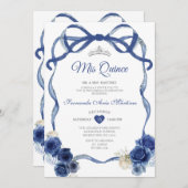 Navy Blue Floral Bow Lijst Silver Crown Mis Quince Kaart (Voorkant / Achterkant)