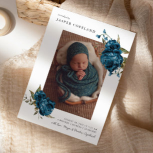 Navy Blue Floral Boy Baby Foto Geboorte Aankondigi Aankondiging