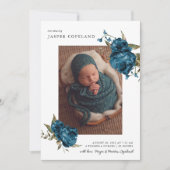 Navy Blue Floral Boy Baby Foto Geboorte Aankondigi Aankondiging (Voorkant)
