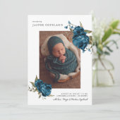 Navy Blue Floral Boy Baby Foto Geboorte Aankondigi Aankondiging (Staand voorkant)