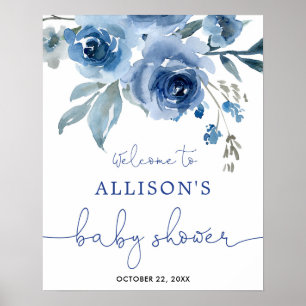 Navy blue floral boy baby shower welkomstbord poster