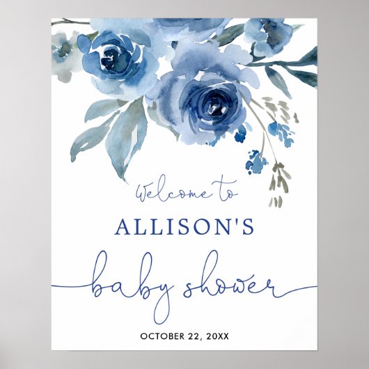 Navy blue floral boy baby shower welkomstbord poster (Voorkant)