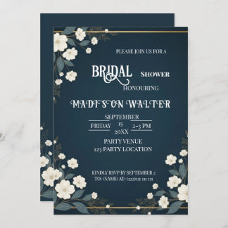 Navy Blue Floral Bridal Shower Invitation Kaart