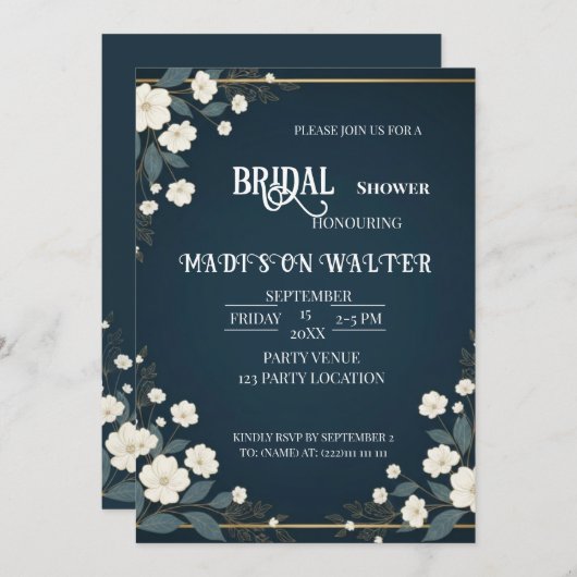 Navy Blue Floral Bridal Shower Invitation Kaart (Voorkant / Achterkant)