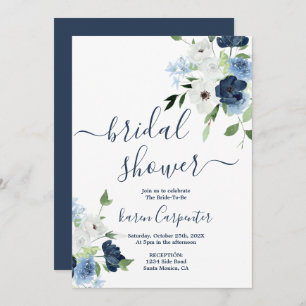 Navy Blue Floral Bridal Shower Kaart