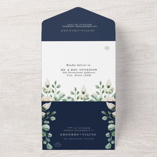 Navy Blue Floral bruiloft in één uitnodiging (Buitenkant)