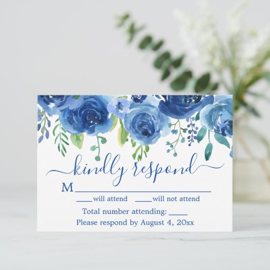 Navy Blue Floral Bruiloft Reactie Kaart (Staand voorkant)