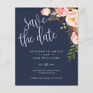 Navy Blue Floral Budget Sla datum uitnodiging op Flyer