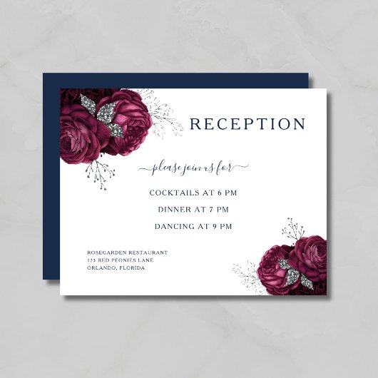 Navy Blue Floral Burgundy Rozen Weddenschap Informatiekaartje
