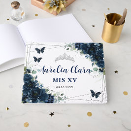Navy Blue Floral Butterflies Silver Quinceanera 15 Gastenboek