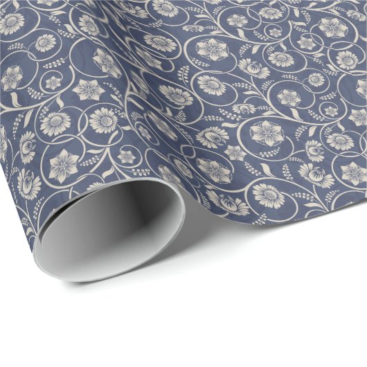 Navy Blue Floral Cadeaupapier (Rol Hoek)